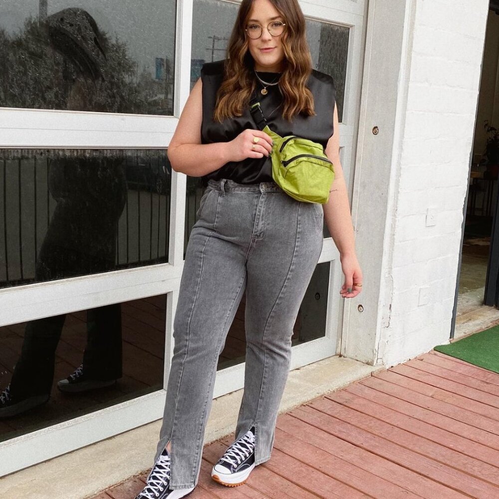 In The Style Plus x Olivia Bowen high waisted slit front straight leg jean